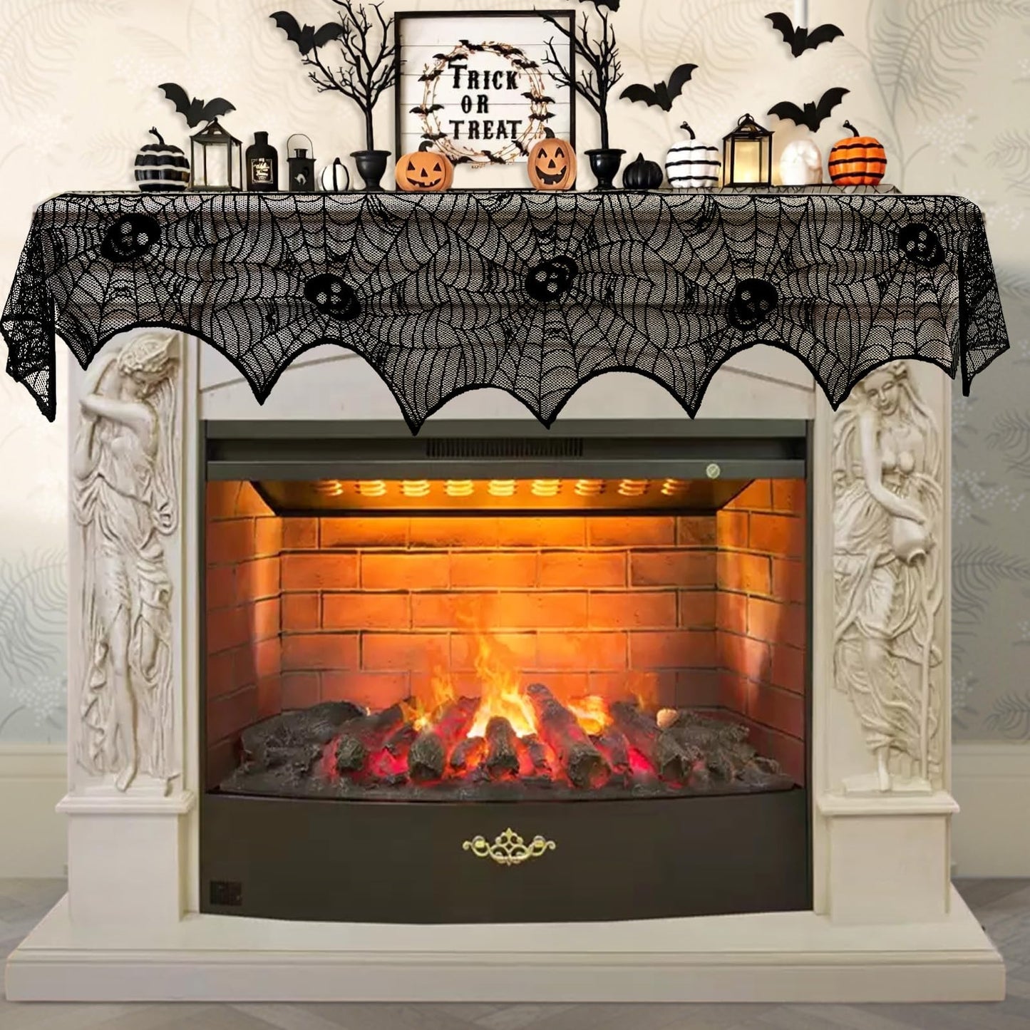 AerWo Halloween Decoration Black Lace Spiderweb Fireplace Mantle Scarf Cover Festive Party Supplies 45 X 243cm 18 x 96 inch