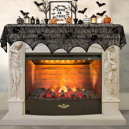 AerWo Halloween Decoration Black Lace Spiderweb Fireplace Mantle Scarf Cover Festive Party Supplies 45 X 243cm 18 x 96 inch