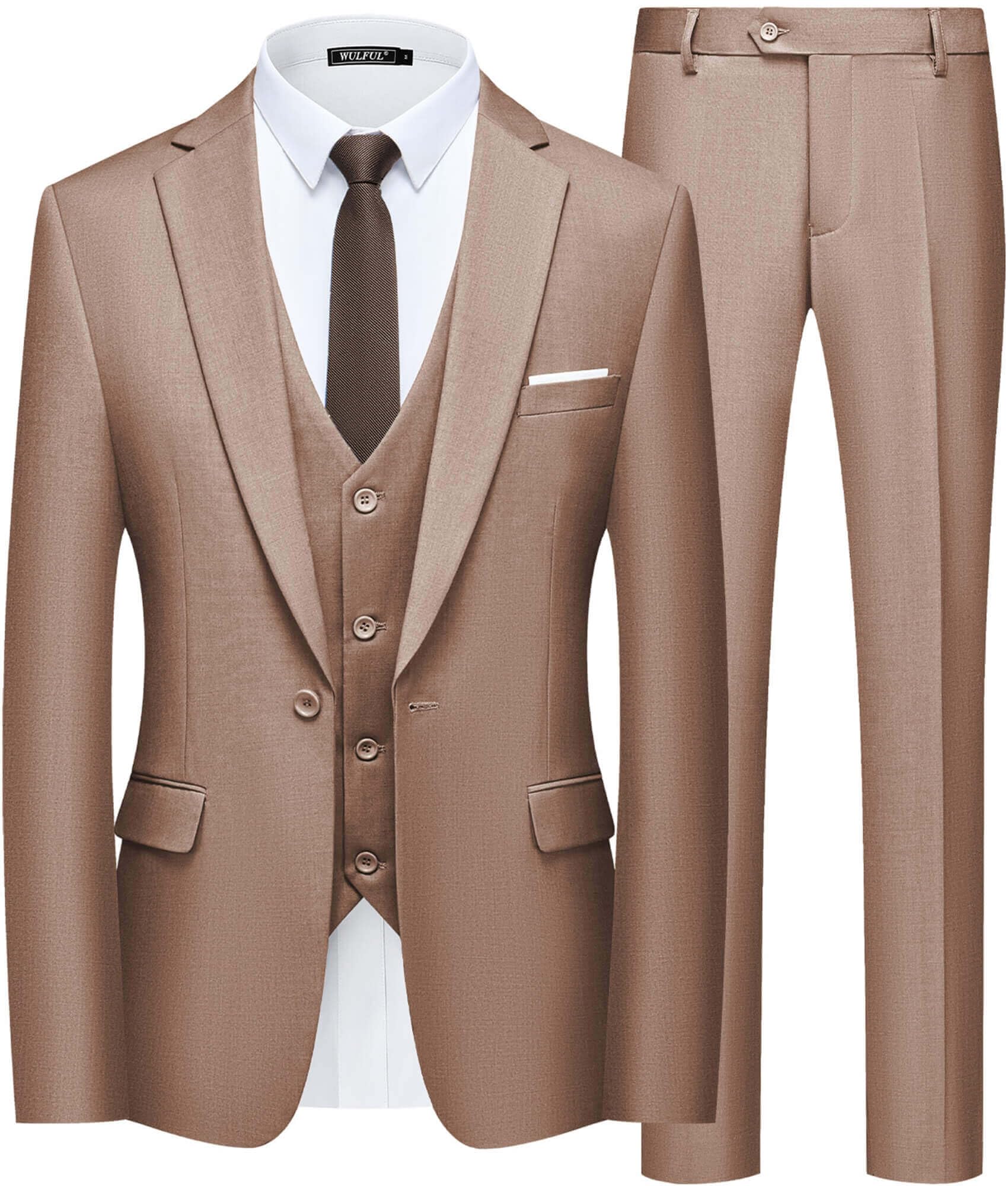 WULFUL Men’s Slim Fit Suit One Button 3-Piece Blazer Dress Business Wedding Party Jacket Vest & Pant