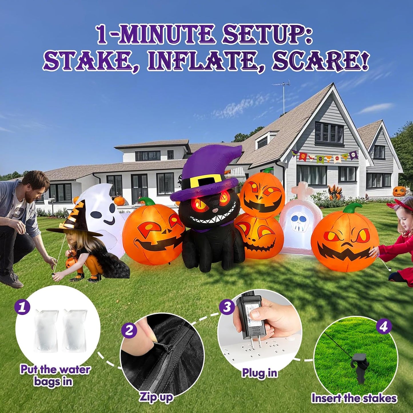 MICOCAH Halloween Inflatables Outdoor Decorations 8 FT Long Funny Pumpkin Black Cat Blow Up Lanterns Built-in LED Lights with Ghost Tombstone Scary Yard Decoration for Holiday Party Outside Lawn