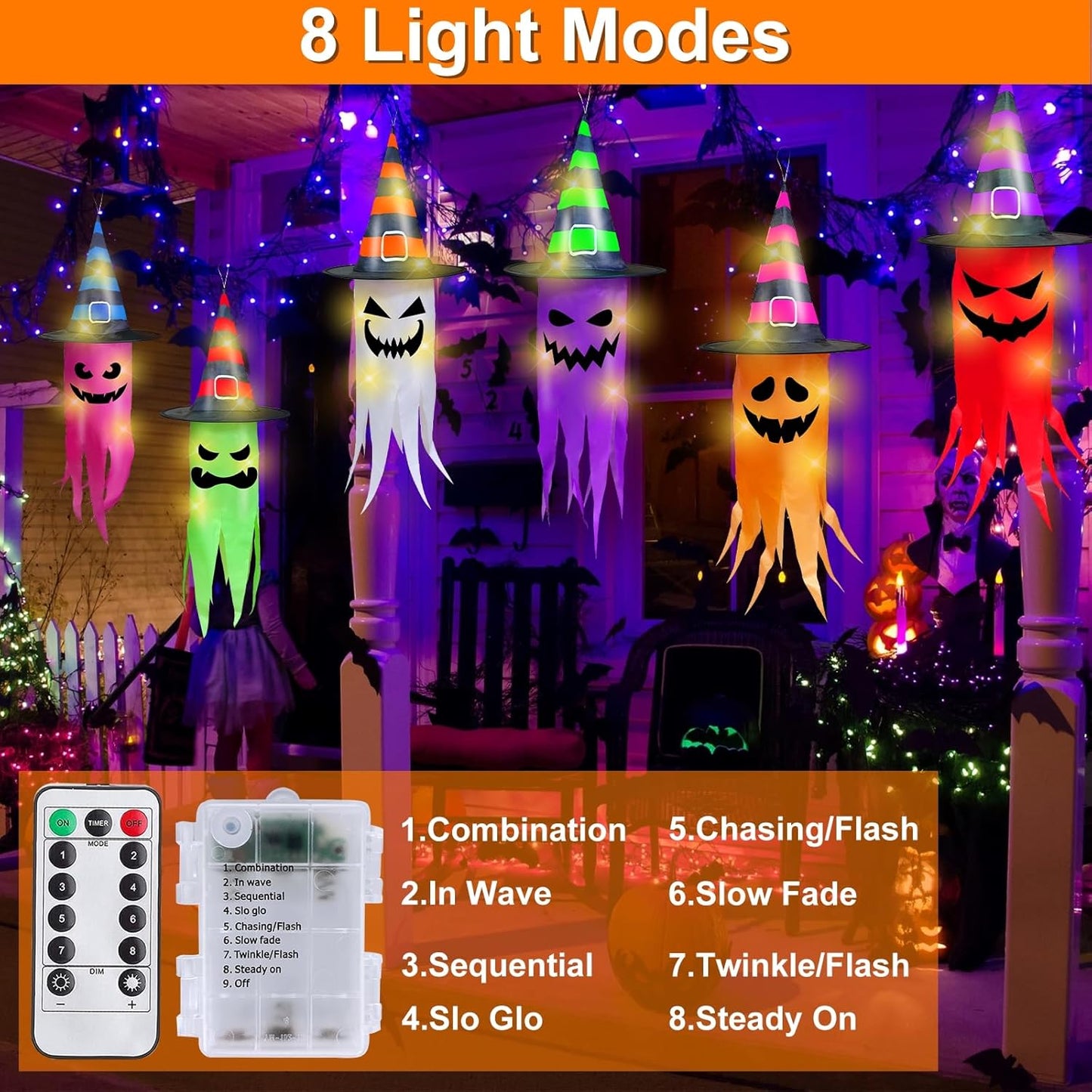 Halloween Decorations 6 Pcs Lighted Hanging Witch Hat Ghosts, 8 Modes Remote Control, 13 FT Long Halloween String Lights Holiday Decor for Indoor Outdoor Yard, Lawn, Scary Theme Party
