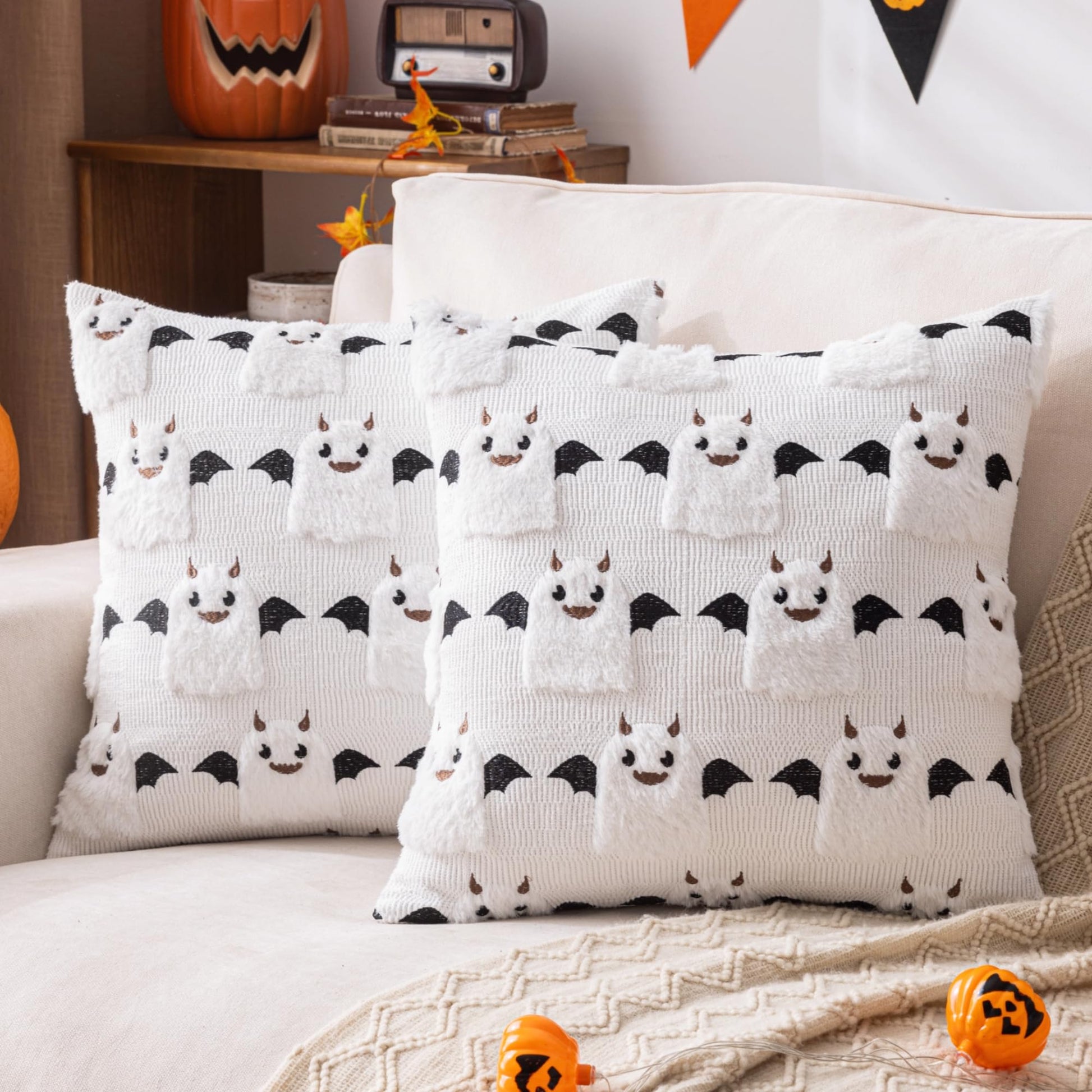 AQOTHES Halloween White Smile Ghost Throw Pillow Covers 18x18 inch Set of 2, Cute Skeleton Pillowcases Holiday Cushions Covers for Halloween Decorations Indoor Home Sofa Couch
