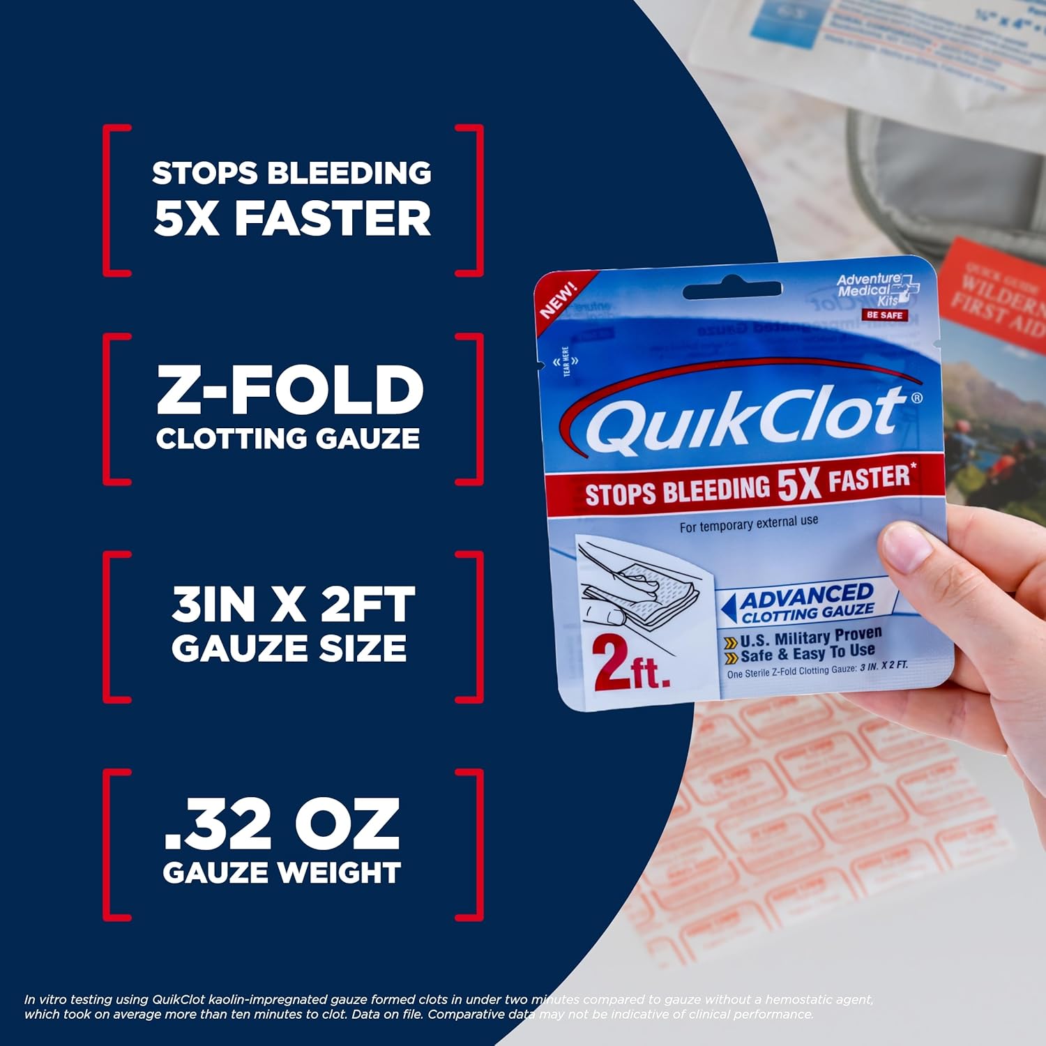 Adventure Medical Kits QuikClot Gauze - Flexible Hemostatic Medical Gauze for Emergency Survival or Disaster Preparedness Kits & More - Stops Bleeding Fast with Kaolin - 3" x 24"