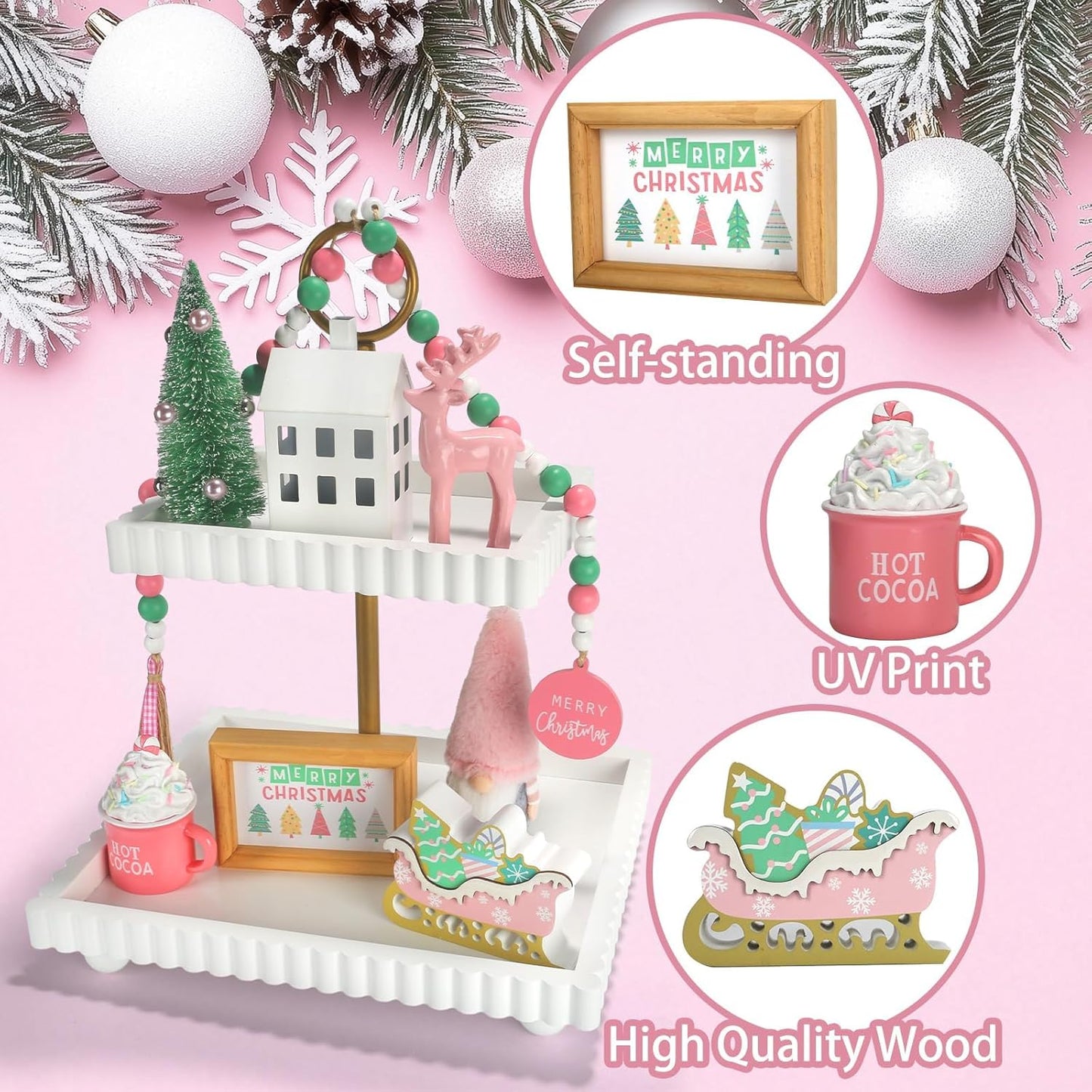 Pink Christmas Decorations 8 PCS Tiered Tray Decor Set, Cute Girlie Tabletop Christmas Decor for Home Shelf Mantel Fireplace Office Desk Coffee Bar Pastel Xmas Holiday Table Centerpieces Tray Objects
