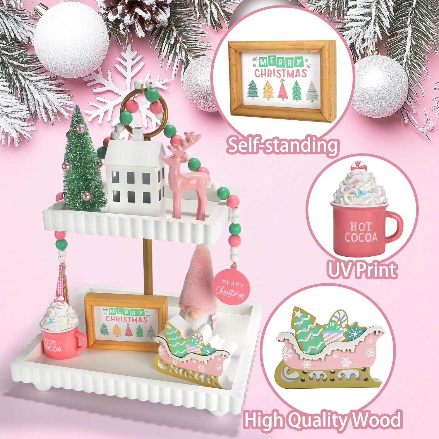 Pink Christmas Decorations 8 PCS Tiered Tray Decor Set, Cute Girlie Tabletop Christmas Decor for Home Shelf Mantel Fireplace Office Desk Coffee Bar Pastel Xmas Holiday Table Centerpieces Tray Objects