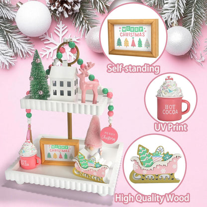 Pink Christmas Decorations 8 PCS Tiered Tray Decor Set, Cute Girlie Tabletop Christmas Decor for Home Shelf Mantel Fireplace Office Desk Coffee Bar Pastel Xmas Holiday Table Centerpieces Tray Objects