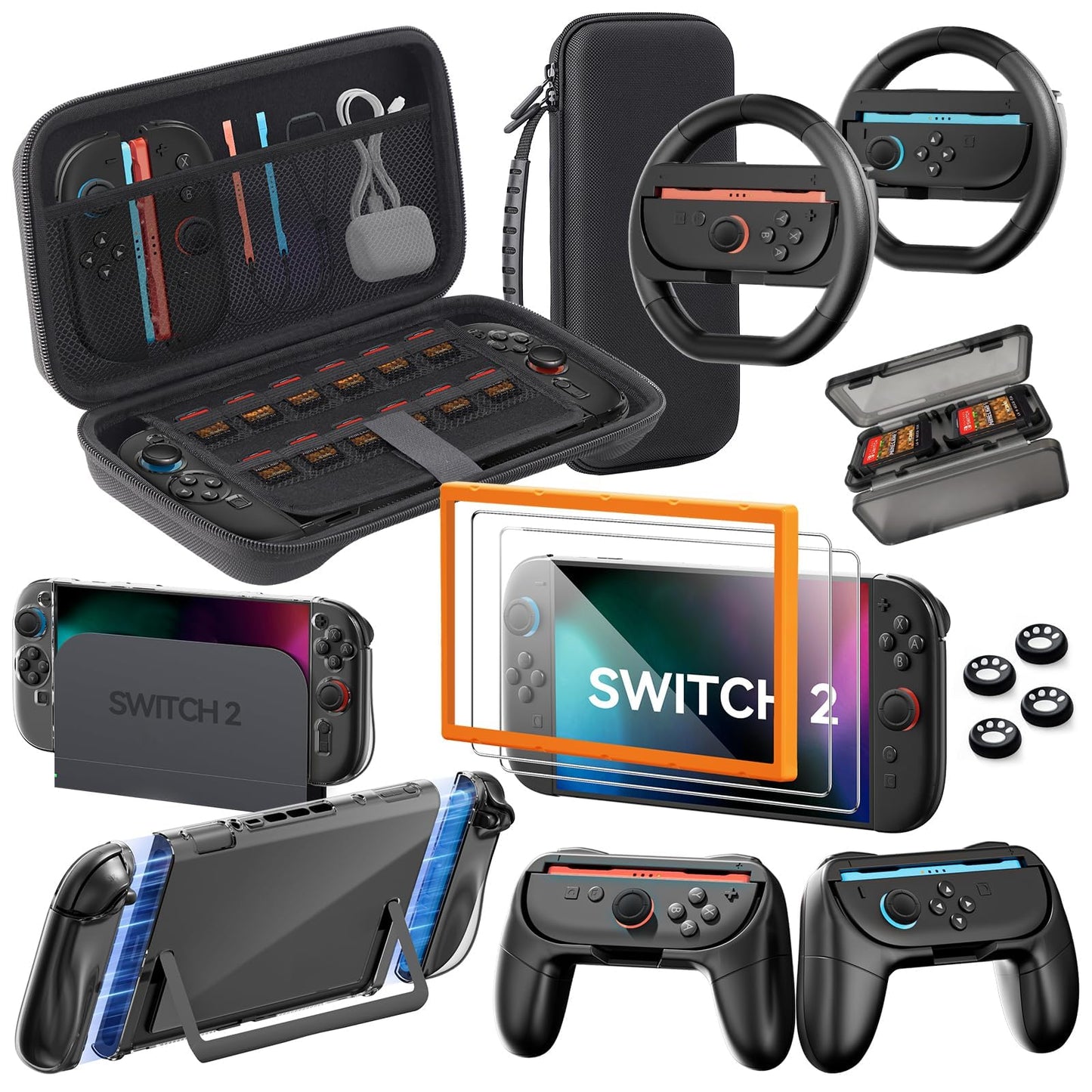 Switch 2 Pro Controllers Accessories Bundle for Nintendo 17-in-1: Carrying Case, Screen Protector, Thumb Grip for Joycon, Dockable Console Protective Cover Shell, Steering Wheel, 2025 Switch2 Game Kit
