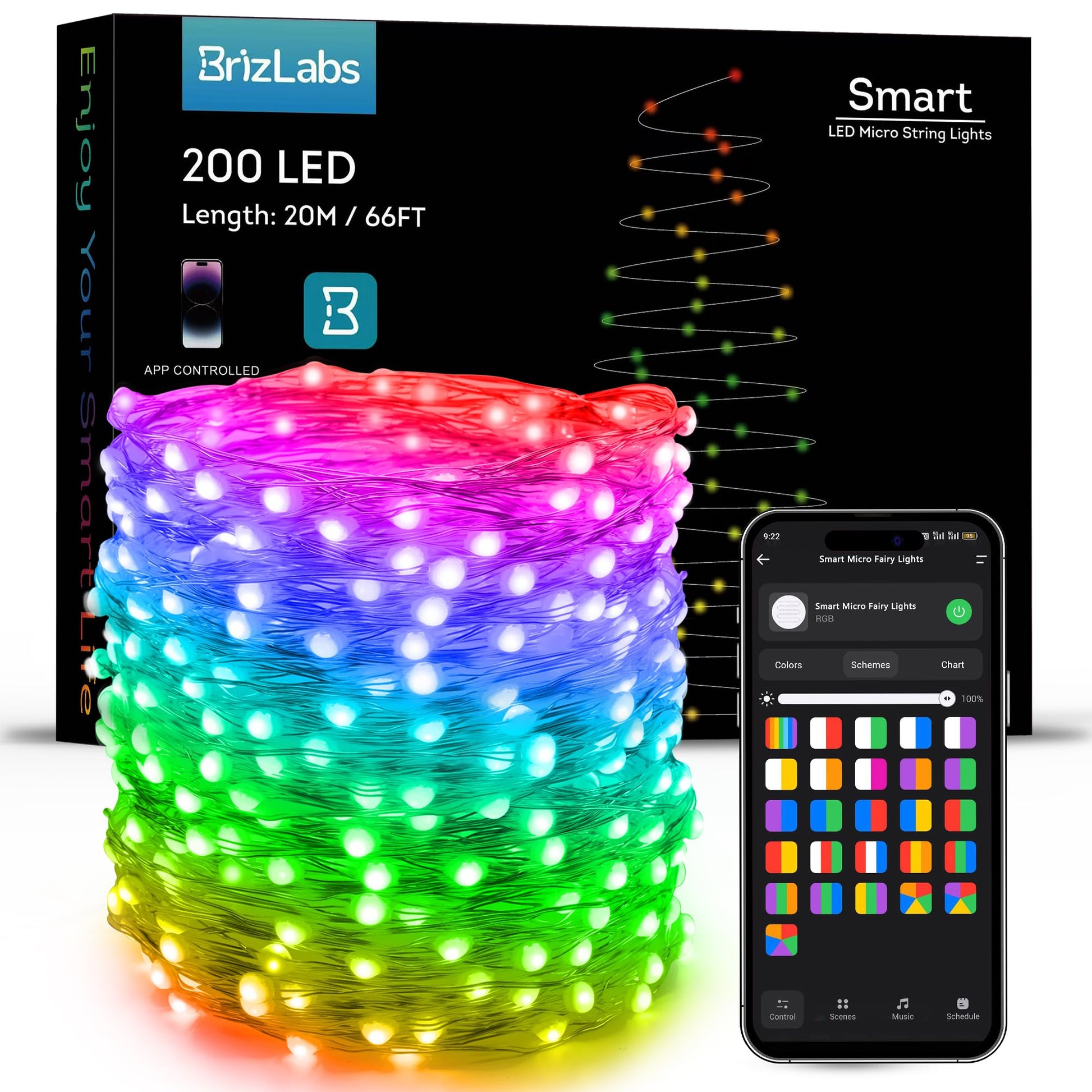 BrizLabs Smart Christmas Fairy Lights, 98ft 300 LED WiFi Christmas Fairy Lights Work with Alexa & Google Home, Rainbow Xmas Light Dimmable Xmas Decorative Lighting Music Sync for Home Holiday Party