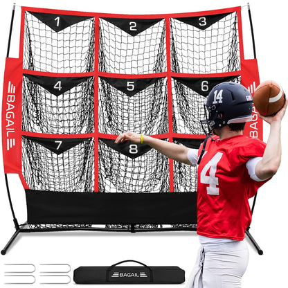 BAGAIL Football Throwing Net - 9 Target Pockets, Easy Setup, Heavy-Duty - Portable QB Accuracy Trainer, Fun Target Practice Net for Football with Carry Bag