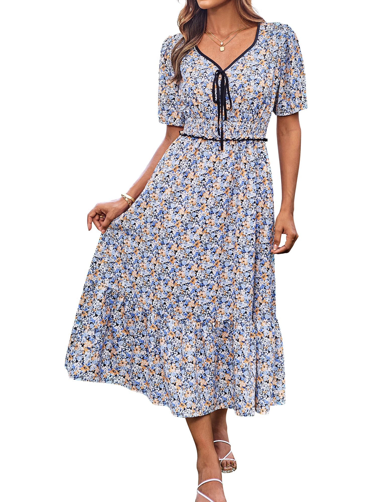 GRACE KARIN 2025 Women's Summer Floral Flowy A Line Midi Dresses Elegant Short Sleeve Smocked V-Neck Tiered Dresses
