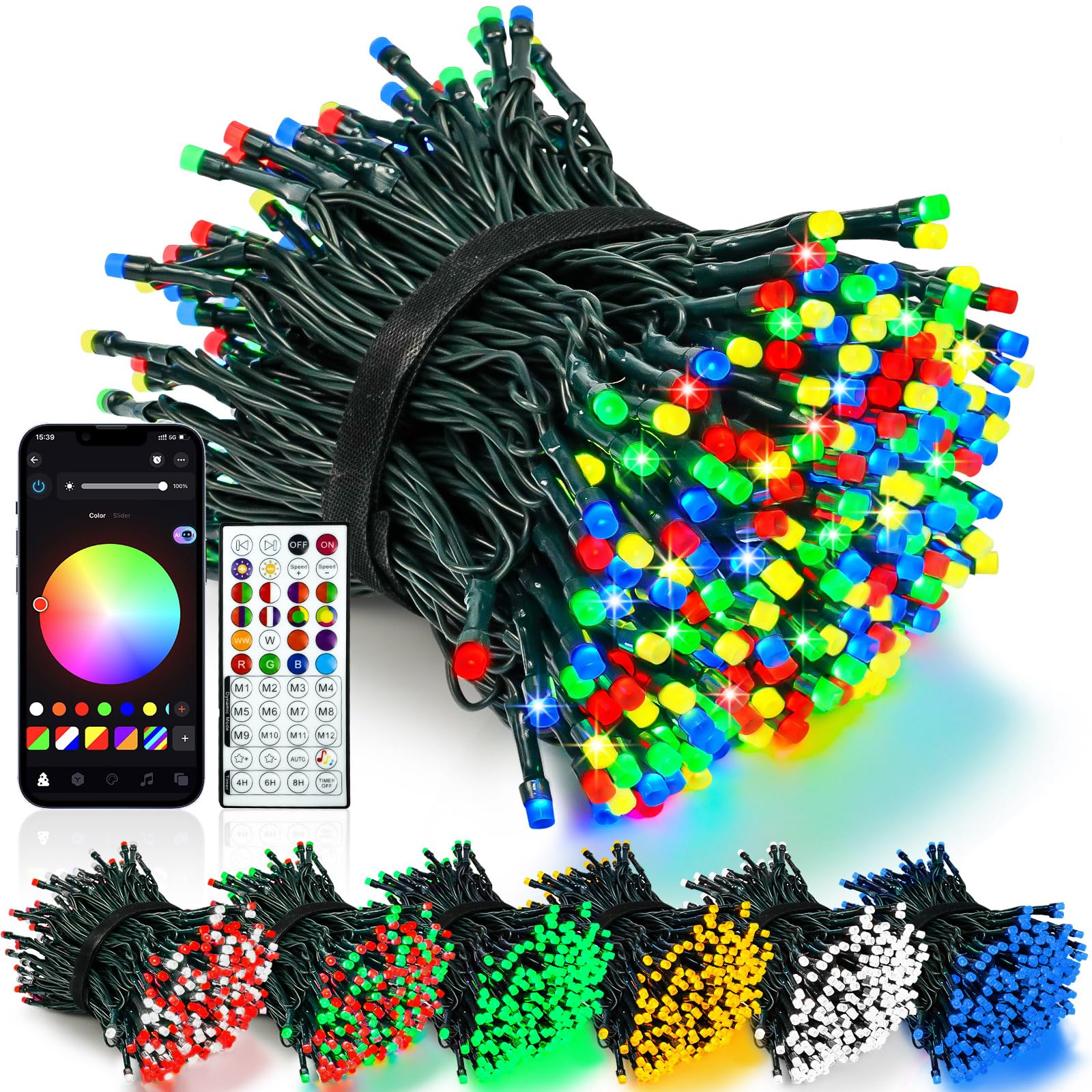 Smart Color Changing Christmas Lights with Remote & APP, 109FT 300 LED RGB Dimmable Christmas String Lights, Waterproof Fairy Twinkle Light for Indoor Outdoor Xmas Tree Wedding Holiday Decorations