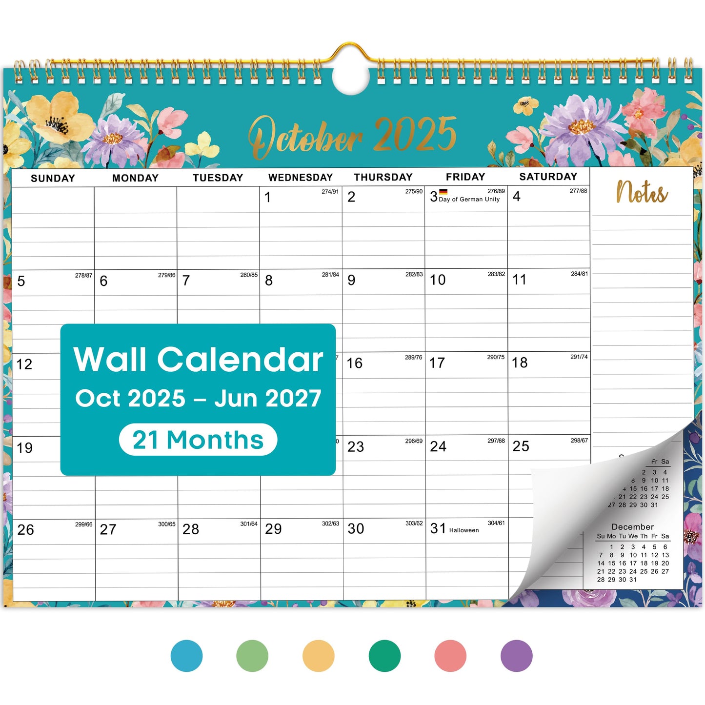 2026 Calendar, Monthly Wall Calendar from October 2025 to June 2027, 11.5" x 14.7", Spiral Binding Hanging Wall Calendar, Perfect for Home or Office,Floral