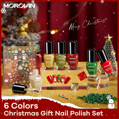 Morovan Christmas Nail Polish Set: 2025 Glitter Red Green Gold Silver Fingernail Polish Kit with Sticker Winter Quick Dry Regular Nail Polish Pack Manicure Gifts for Women Girls Holiday Party