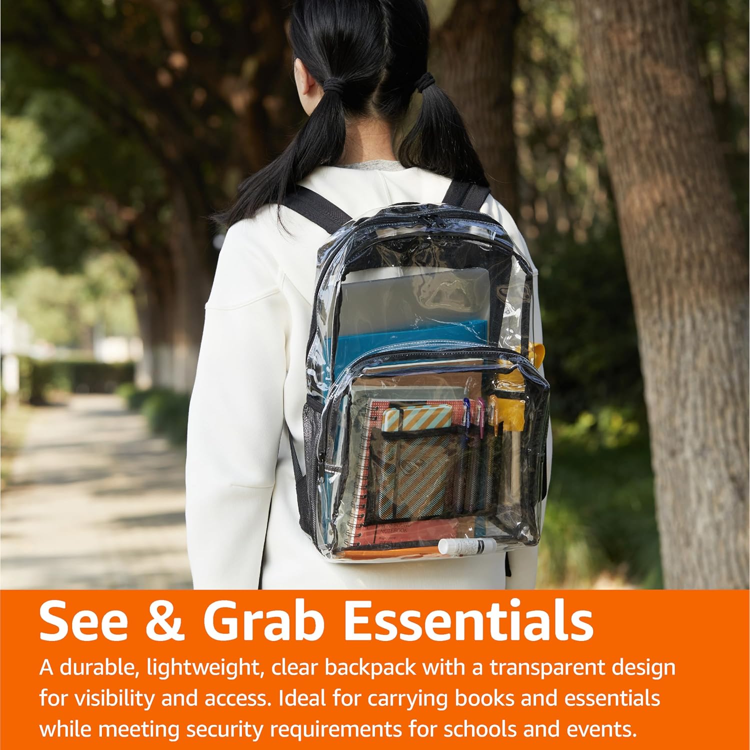 Amazon Basics Transparent School Backpack, With Water-Resistant PVC Plastic Material and Ruggedly Reinforced Shoulder Straps, Clear