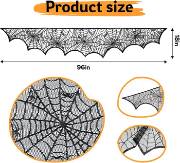 Halloween Mantle Scarf Fireplace Cover 18 x 96 inch Black Lace Cobweb Fireplace Mantle Scarf Cover for Halloween Decorations Festive Party Supplies Decor