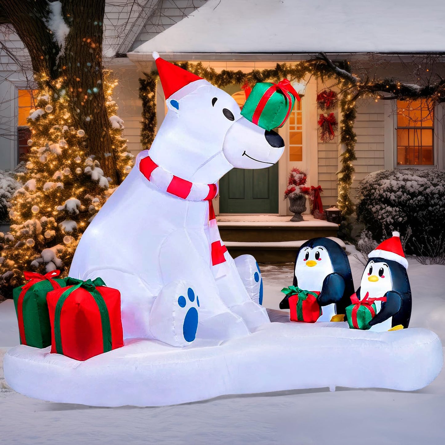 Joiedomi 6 FT Long Christmas Inflatable Polar Bear and Penguin with Campfire Decoration, Blow Up Yard Decoration Christmas Inflatable with Build-in LEDs Blow Up for Xmas Party, Lawn, Winter Décor