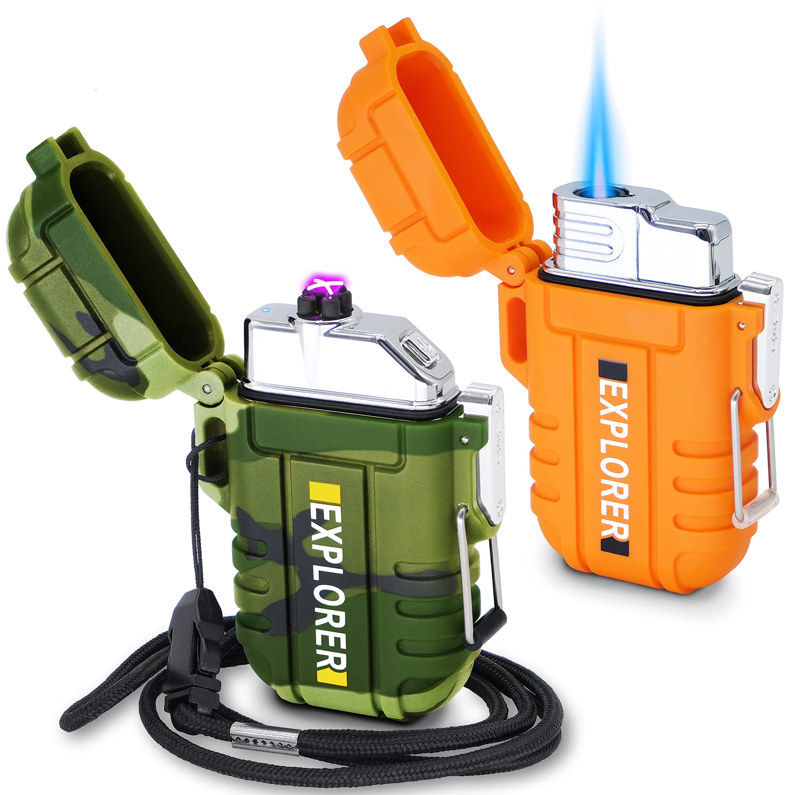 2 Pack Waterproof Lighter Outdoor Windproof Torch Lighters Dual Arc Butane Electric Lighters USB Rechargeable Lighters Flameless Plasma Lighter Camping Hiking Adventure Survival Tactical Gear