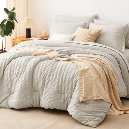 CozyLux Queen Comforter Set White Seersucker 7 Pieces Bed in a Bag Queen Comforter Set with Sheets, Luxury Soft Bedding Set with Down Alternative Comforter, Sheets, Pillowcases & Shams for All Seasons