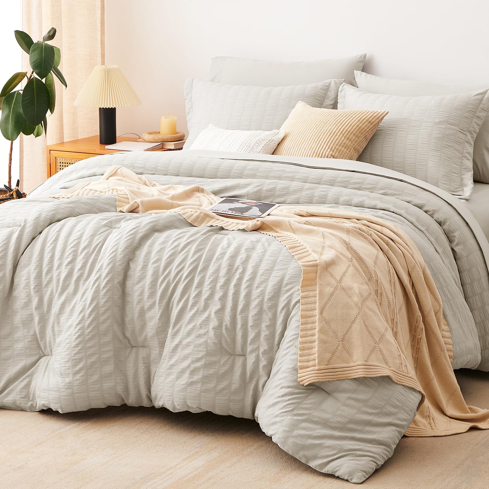 CozyLux Queen Comforter Set White Seersucker 7 Pieces Bed in a Bag Queen Comforter Set with Sheets, Luxury Soft Bedding Set with Down Alternative Comforter, Sheets, Pillowcases & Shams for All Seasons