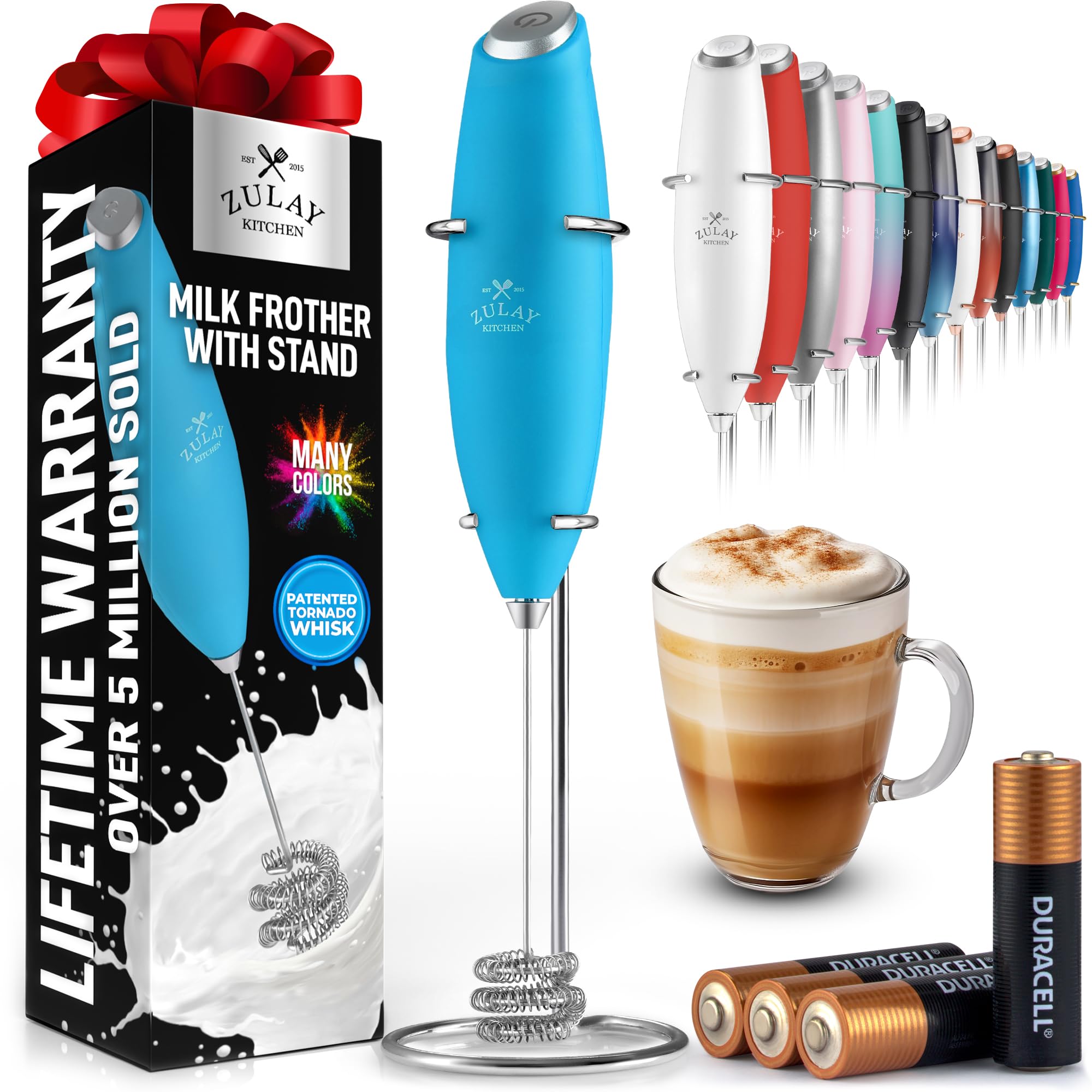 Zulay Kitchen Powerful Milk Frother Wand With 2 Duracell Batteries - Ultra Fast Handheld Drink Mixer - Electric Whisk Foam Maker for Coffee, Lattes, Cappuccino, Matcha, Hot Chocolate & Creamer - Black