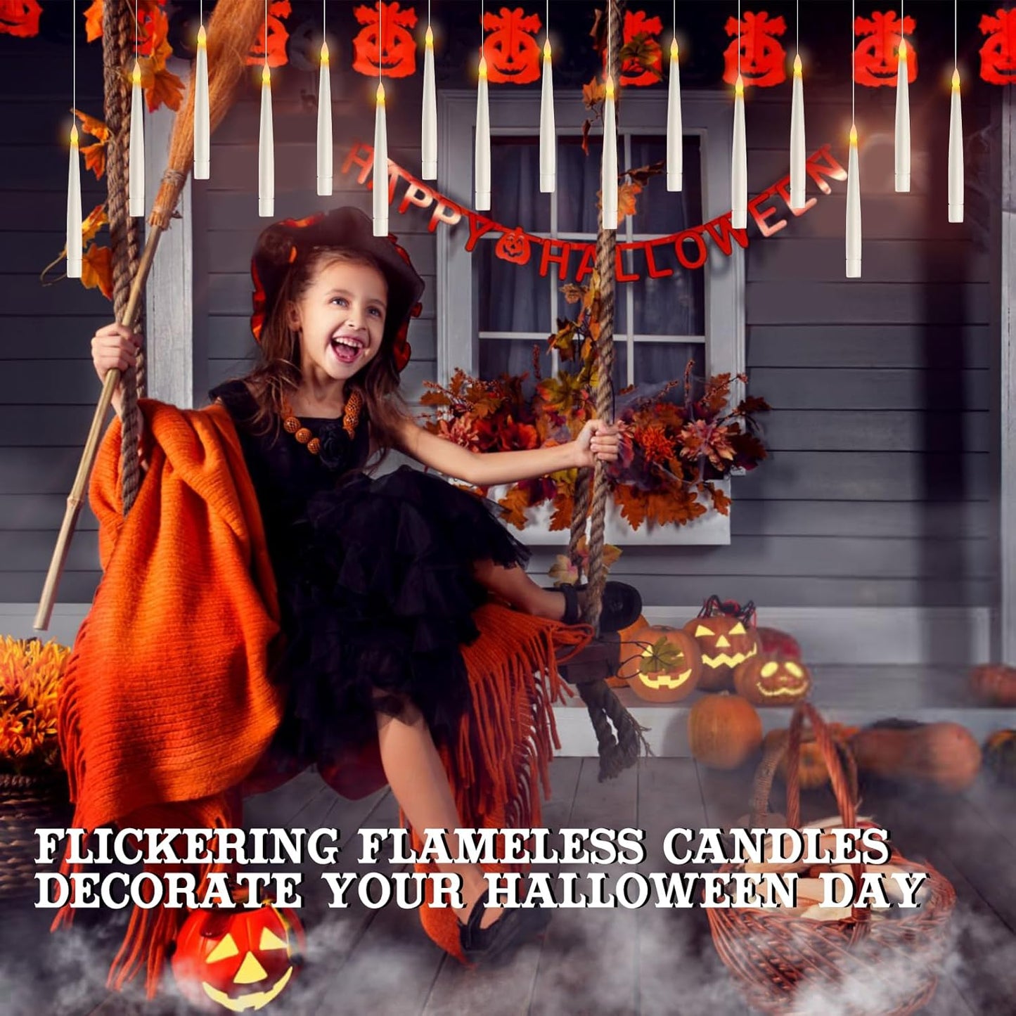Floating Candles with Wand Remote, 20 Pcs Magic Halloween Hanging Candles, Flickering Warmer Light Flameless LED Candles with DIY Sticker, Battery Operated Halloween Decorations Gifts Indoor (20)