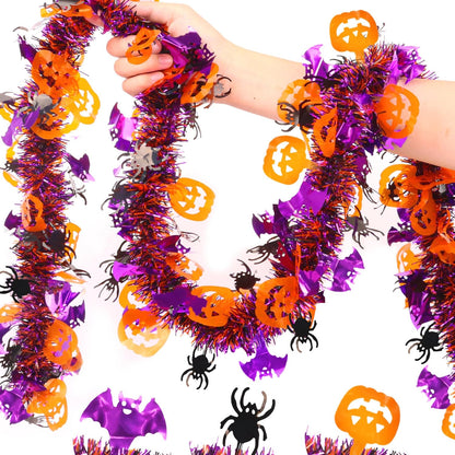 33FT Spooky Halloween Tinsel Garland with Pumpkin Bat Spider Ornament, Shiny Metallic Twist Garland Outdoor Indoor Halloween Decorations for Home Table Office Classroom Fireplace Party Decor