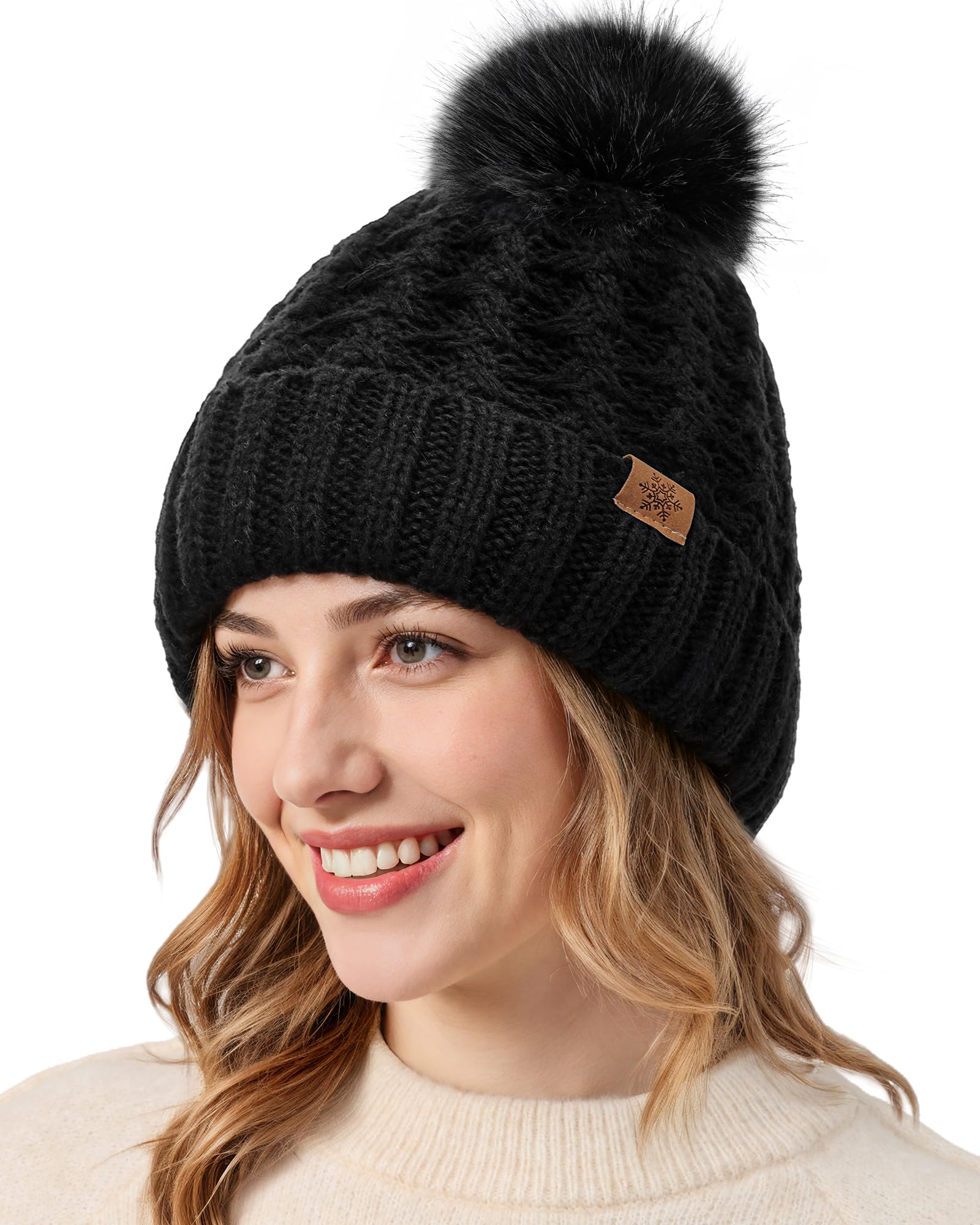 Trifabricy Womens Winter Hat Knit Crossed Cap Beanie Hats for Women Soft Warm Lined with Faxu Fur Pom Poms for Cold Weather