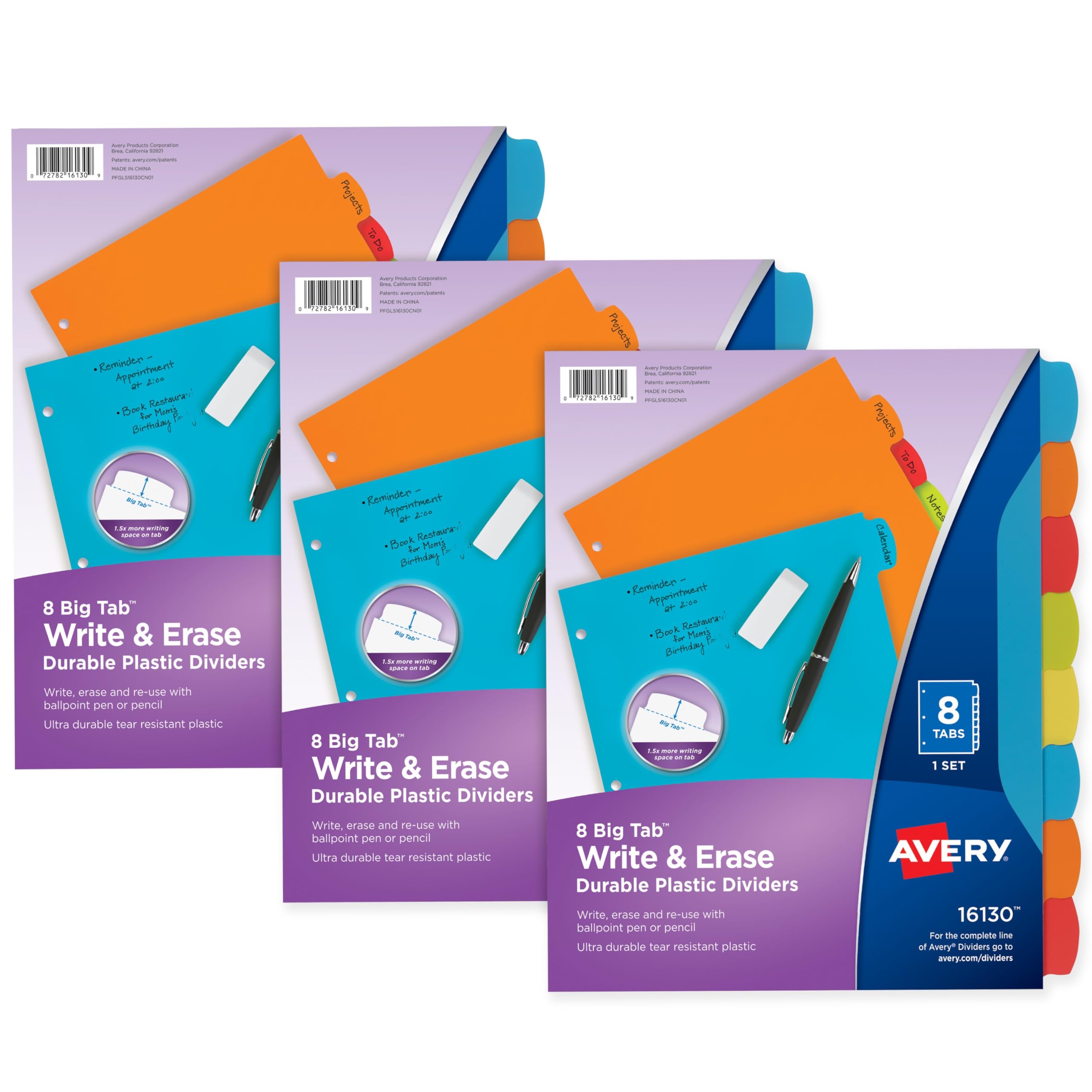 Avery Big Tab Write & Erase Durable Plastic Dividers for 3 Ring Binders, 8-Tab Set, Bright Multicolor, 1 Set (16130)