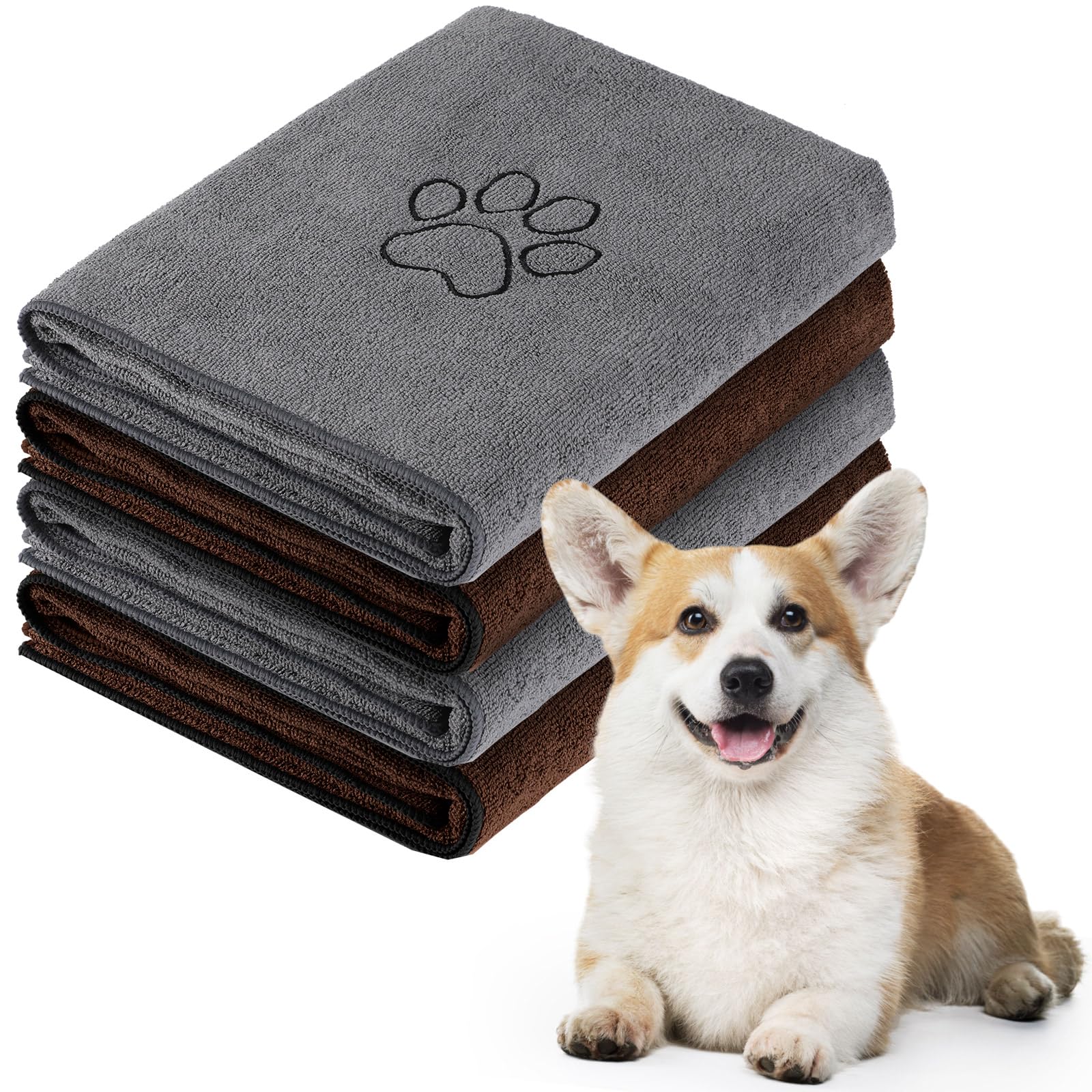 Chumia 4 Pack Dog Towels for Drying Large Microfiber Grooming Tools Absorbent Soft Bath Supplies with Embroidered Paw for Small Medium Pet Products(16 x 32 Inch,Blue)