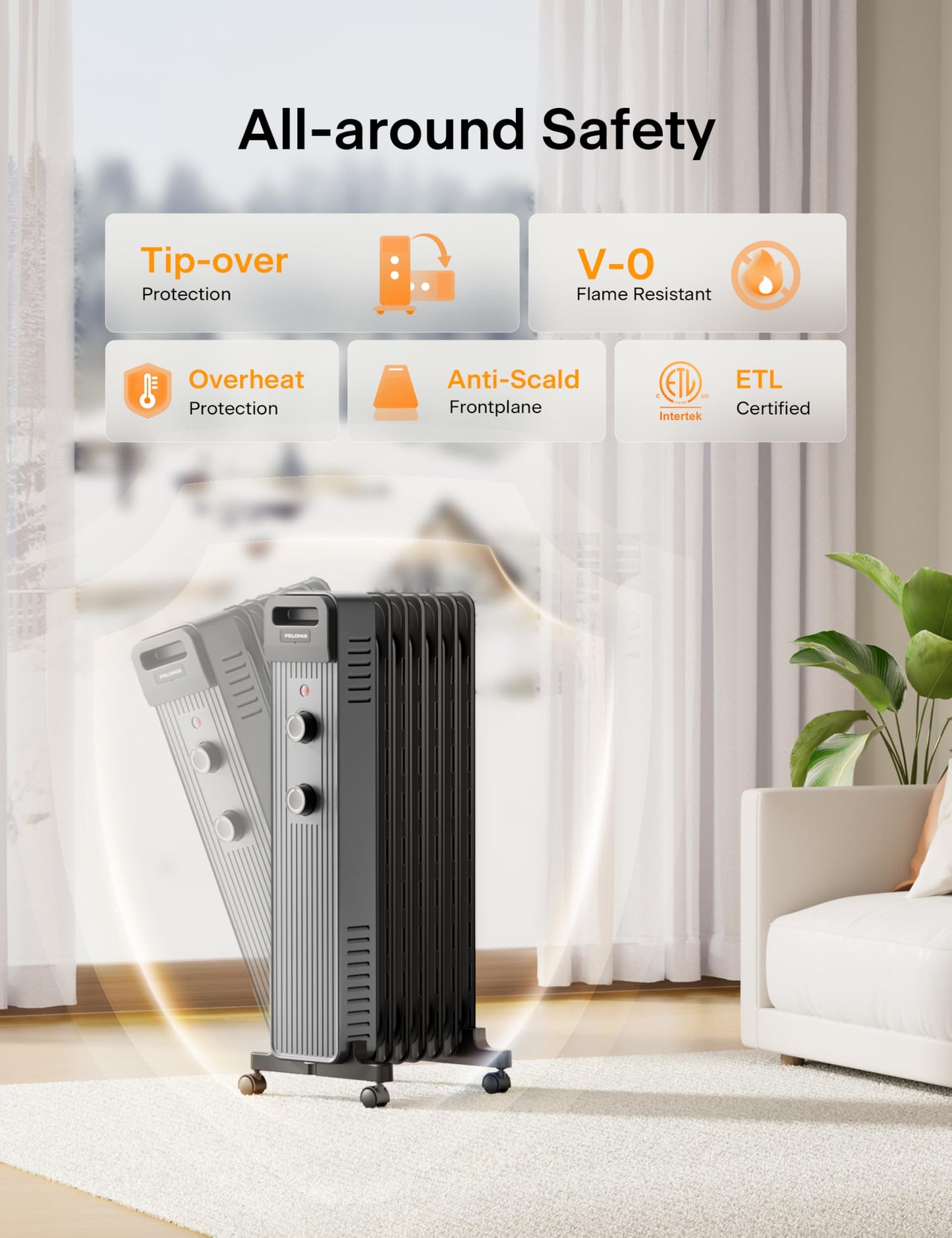 Pelonis Oil Filled Radiator Heater for Large Space, 2025 Upgraded, Space Heaters with 1500W Quiet Warmth Radiant Heater, 3 Heating Modes, Overheat & Tip-Over Protection, Adjustable Thermostat, Black