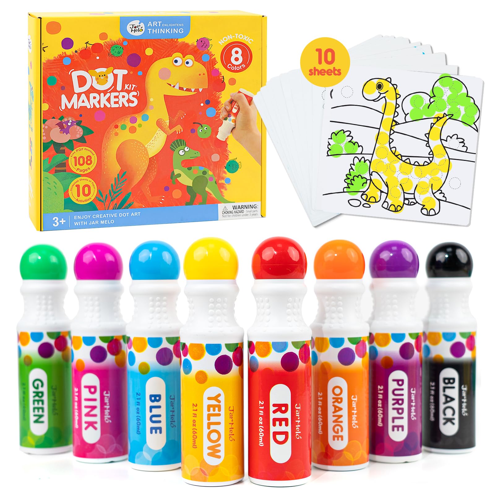 Jar Melo Washable Dot Markers for Toddlers 1-3, 12 Colors Dot Paints with 108 PDF & 20 Physical Activity Papers, Non-Toxic Bingo Daubers for Toddlers 2-4, Kids Arts and Crafts Supplies