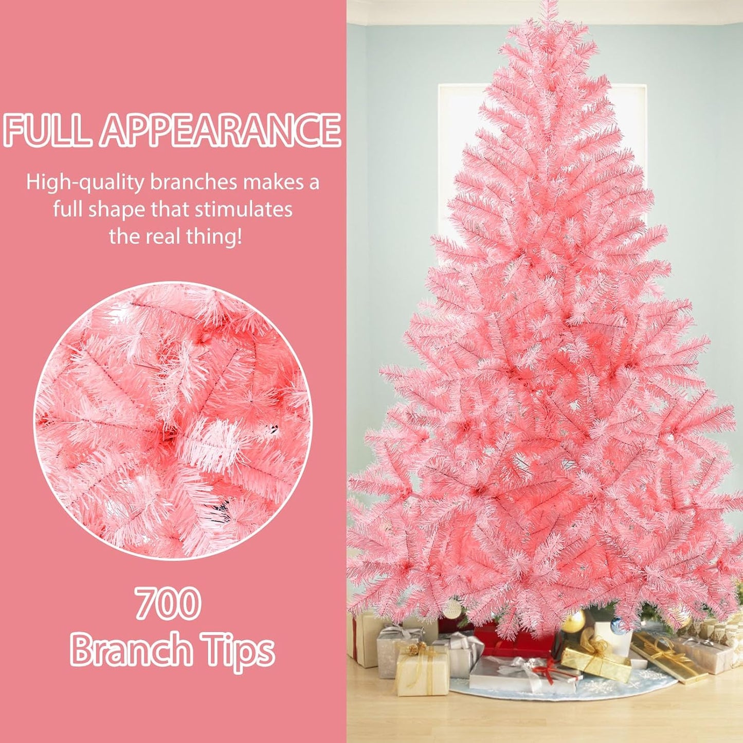 6ft Pink Artificial Christmas Tree,Hinged Full Tree with 700 Branch Tips and Metal Stand Easy Assembly Xmas Tree for Indoor and Outdoor Decoration