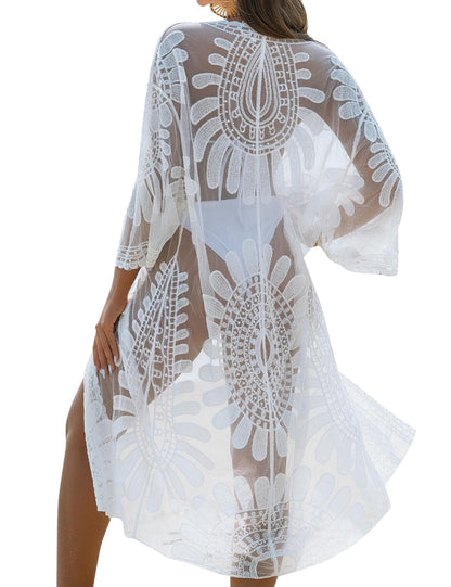 Blooming Jelly Womens Bathing Suit Cover Up 3/4 Sleeve Mesh Swimsuit Coverup Long Floral Beach Lace Kimono Summer Cardigan