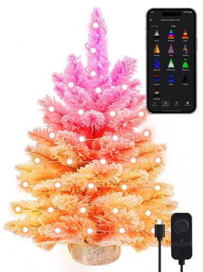 Brizled Snow Flocked Smart Christmas Tree, 2ft Mini Christmas Tree with 100 LED RGB Light, App/Voice Control 159+ Scenes Tabletop Xmas Tree USB C Music Small Tree Work with PD Power for Fireplace Desk