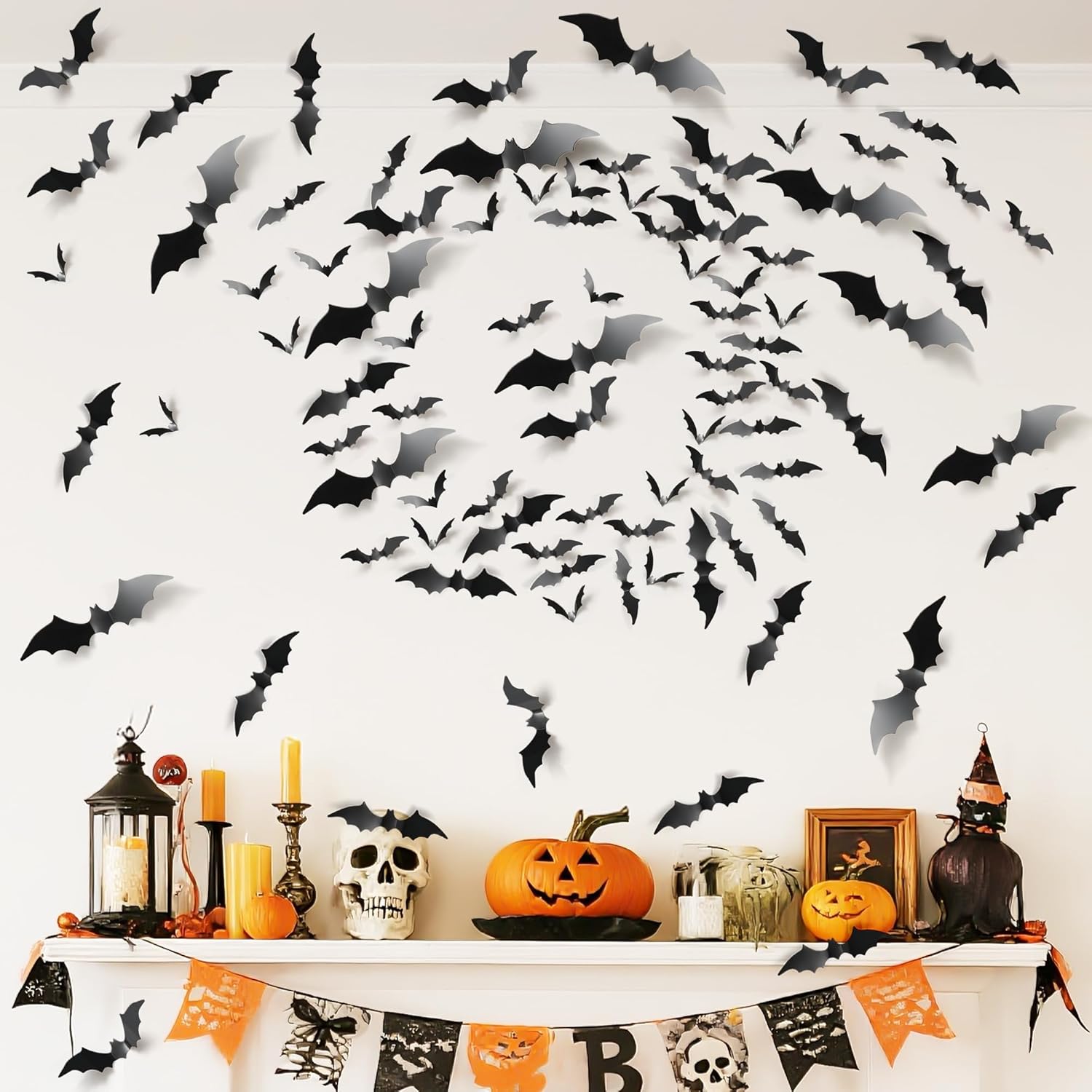 tgosomt Bats Wall Decor,120 Pcs 3D Bat Halloween Decoration Stickers, Waterproof Black 4 Size Bats for Hoom and Room Décor