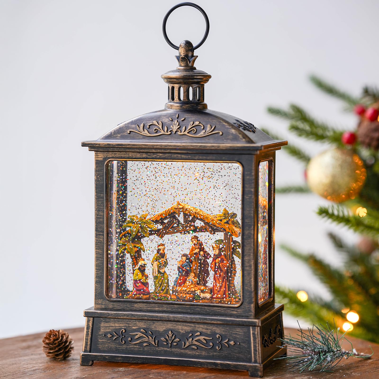 Christmas Snow Globe Swirling Glittering Nativity Scene with Music, USB Lined/Battery Operated Lighted Water Lantern for Christmas Festival Decoration Gifts