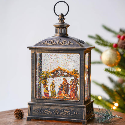 Christmas Snow Globe Swirling Glittering Nativity Scene with Music, USB Lined/Battery Operated Lighted Water Lantern for Christmas Festival Decoration Gifts