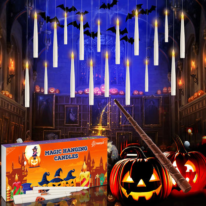 Floating Candles with Wand Remote, 20 Pcs Magic Halloween Hanging Candles, Flickering Warmer Light Flameless LED Candles with DIY Sticker, Battery Operated Halloween Decorations Gifts Indoor (20)