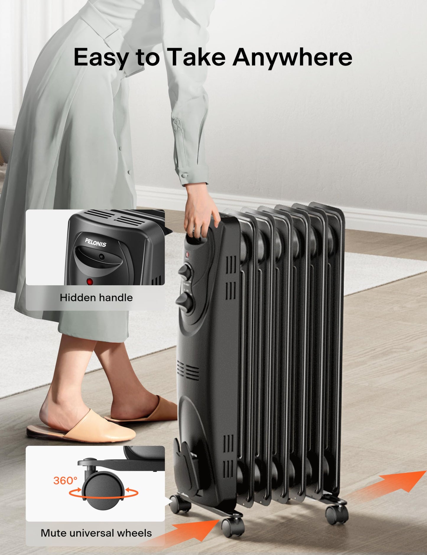 Pelonis Oil Filled Radiator Heater for Large Space, 2025 Upgraded, Space Heaters with 1500W Quiet Warmth Radiant Heater, 3 Heating Modes, Overheat & Tip-Over Protection, Adjustable Thermostat, Black