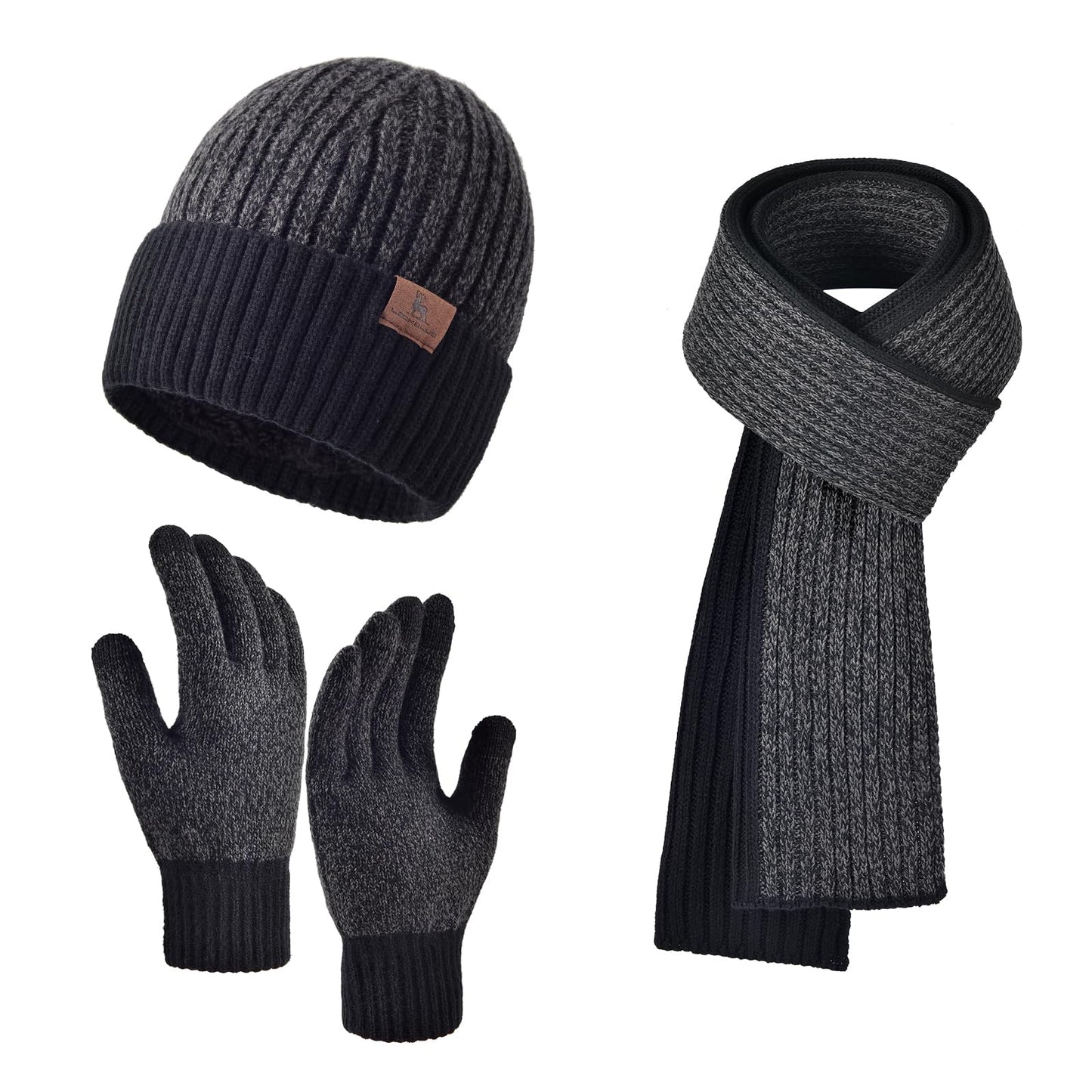 Men Women Winter Beanie Hats Scarf with Touchscreen Gloves Warm Knit Themal Gloves Long Scarf Set with Fleece Lined