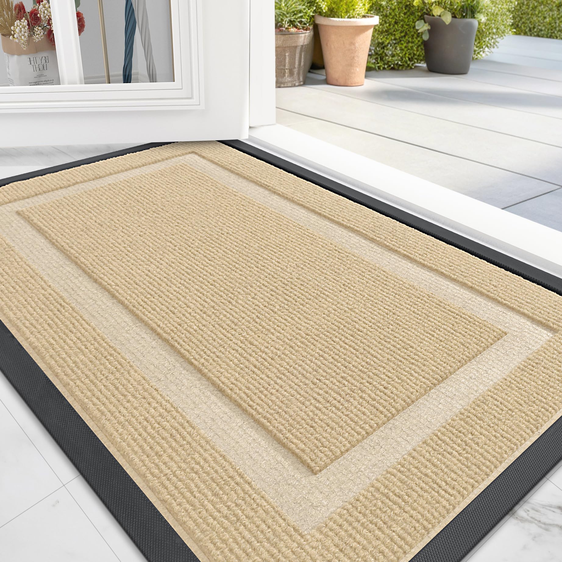 OLANLY Front Door Mat Indoor Outdoor Entrance, Waterproof All-Season, All-Weather Doormat, Sturdy Natural Rubber, Fade Resistant, Low Profile, Easy Clean Patio Porch Entryway Mat, 29.5x17, Black