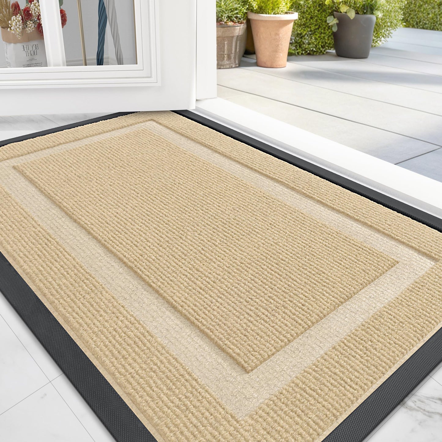 OLANLY Front Door Mat Indoor Outdoor Entrance, Waterproof All-Season, All-Weather Doormat, Sturdy Natural Rubber, Fade Resistant, Low Profile, Easy Clean Patio Porch Entryway Mat, 29.5x17, Black