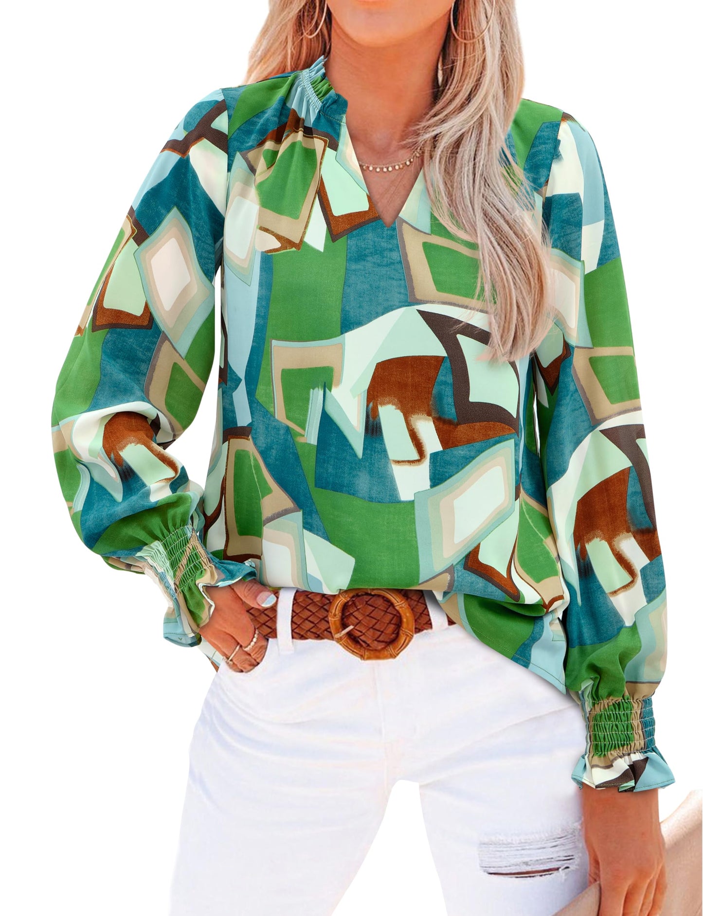 MASCOMODA Womens V Neck Floral Long Sleeve Tops 2025 Summer Casual Loose Puff Sleeve Chiffon Boho Work Blouse Dressy T Shirts