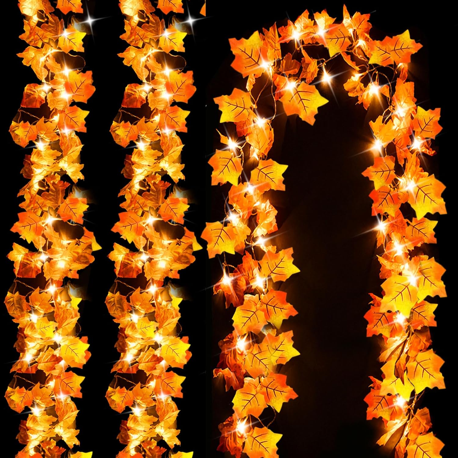 Luditek Fall Decor 3-Pack Fall Leaf Garland with Lights, Total 24.6ft 60 LED Halloween String Lights, Thanksgiving Decorations for Home Holiday Autumn Indoor Friendsgiving Gift