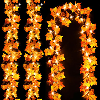 Luditek Fall Decor 3-Pack Fall Leaf Garland with Lights, Total 24.6ft 60 LED Halloween String Lights, Thanksgiving Decorations for Home Holiday Autumn Indoor Friendsgiving Gift