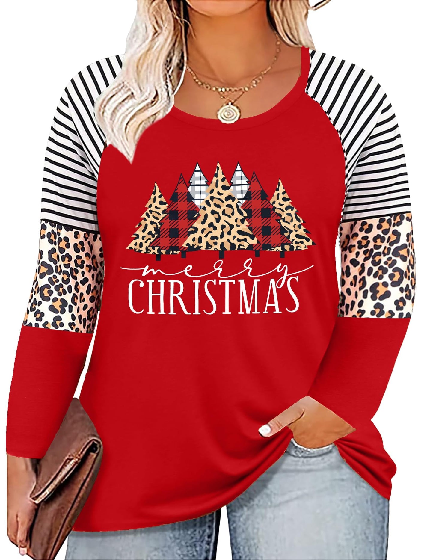 Plus Size Christmas T Shirt Women Xmas Leopard Plaid Trees Print Tees Casual Long Sleeve Holiday Shirts Top