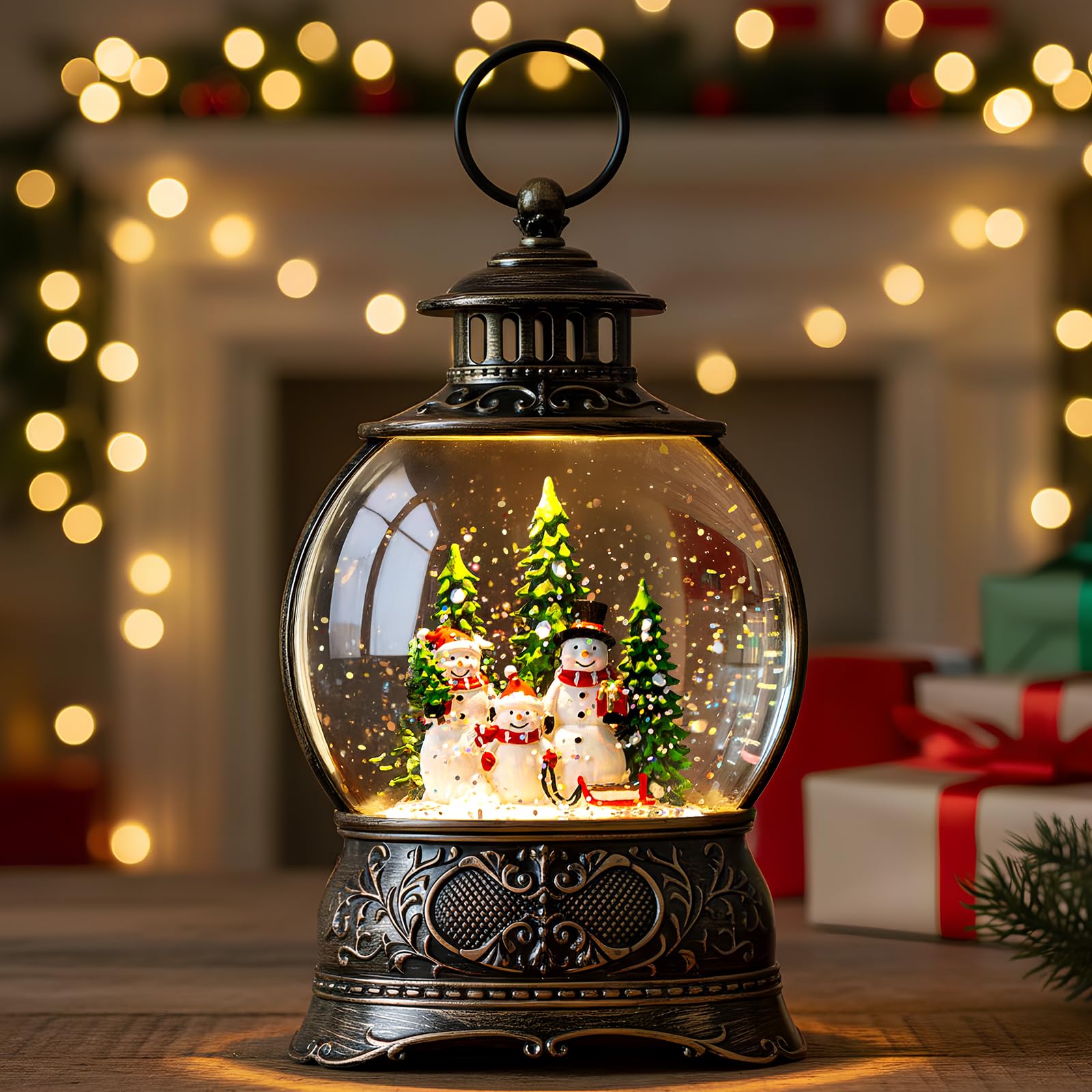 Christmas Snow Globes Christmas Water Lantern with Snowy Train Snowman, Music & 6H Timer, USB Lined/Battery Operated Lighted Lanterns for Xmas Festival Decoration Gifts