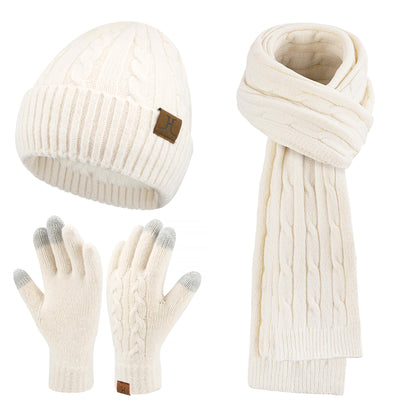Womens Winter Beanie Hats Long Scarf Touchscreen Gloves Set Warm Knit Skull Caps Gifts for Women