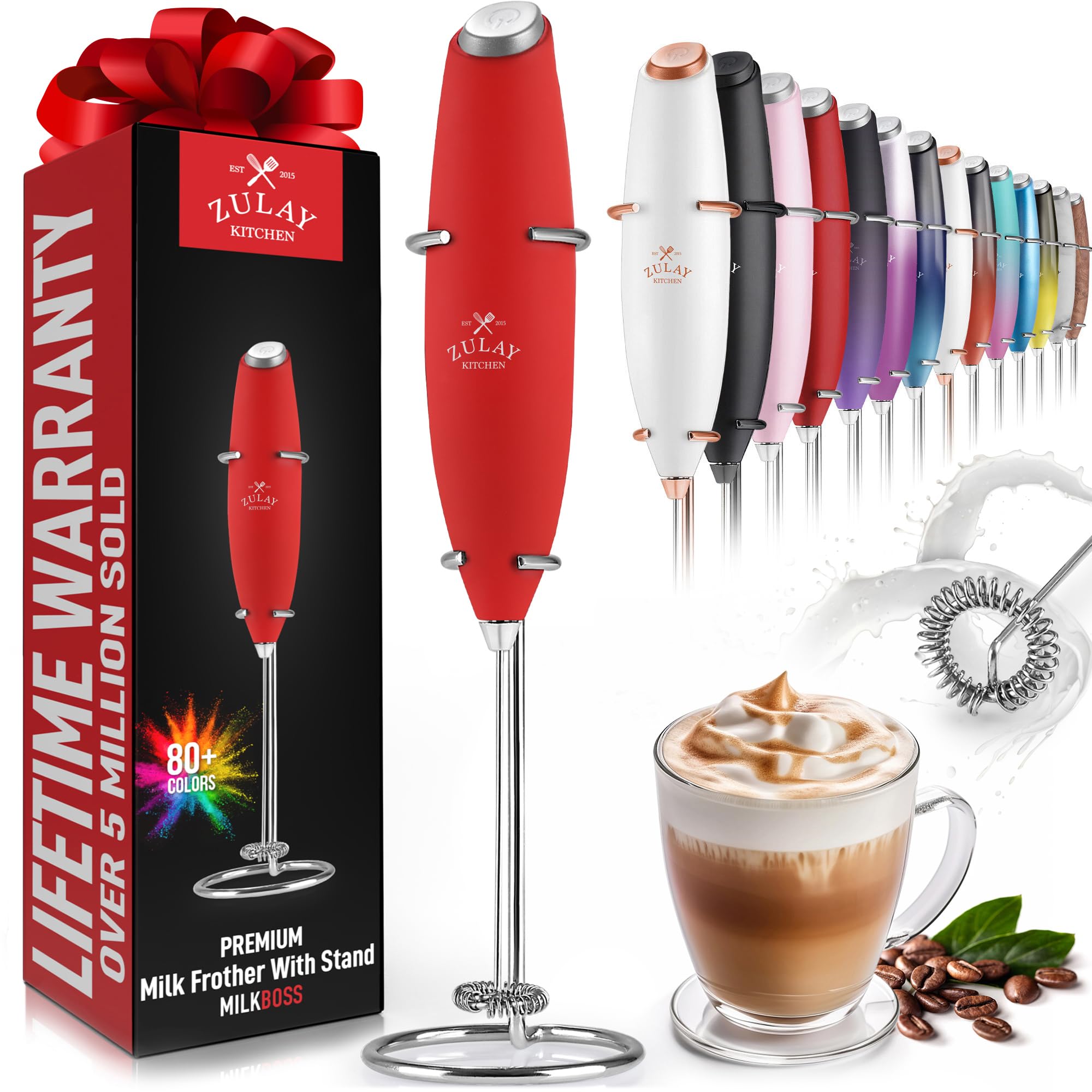Zulay Kitchen Powerful Milk Frother Wand With 2 Duracell Batteries - Ultra Fast Handheld Drink Mixer - Electric Whisk Foam Maker for Coffee, Lattes, Cappuccino, Matcha, Hot Chocolate & Creamer - Black