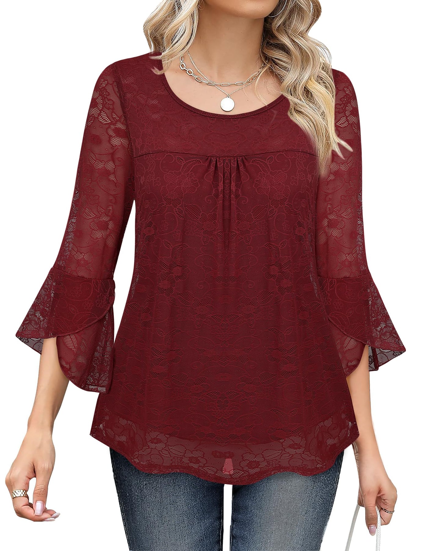 Bebonnie Women's Ruffle 3/4 Sleeve Elegant Dressy Blouses Crew Neck Double Layers Mesh Tunic Tops